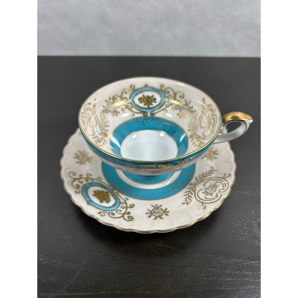 Vintage Ucagco China Teacup Saucer Set Turquoise Gold Gilt Hand Painted Japan